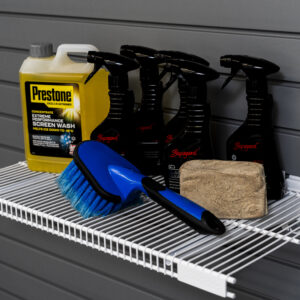 bracket shelf holding car cleaning products