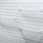 shallow basket set 3 pack attached to flexipanel slatwall