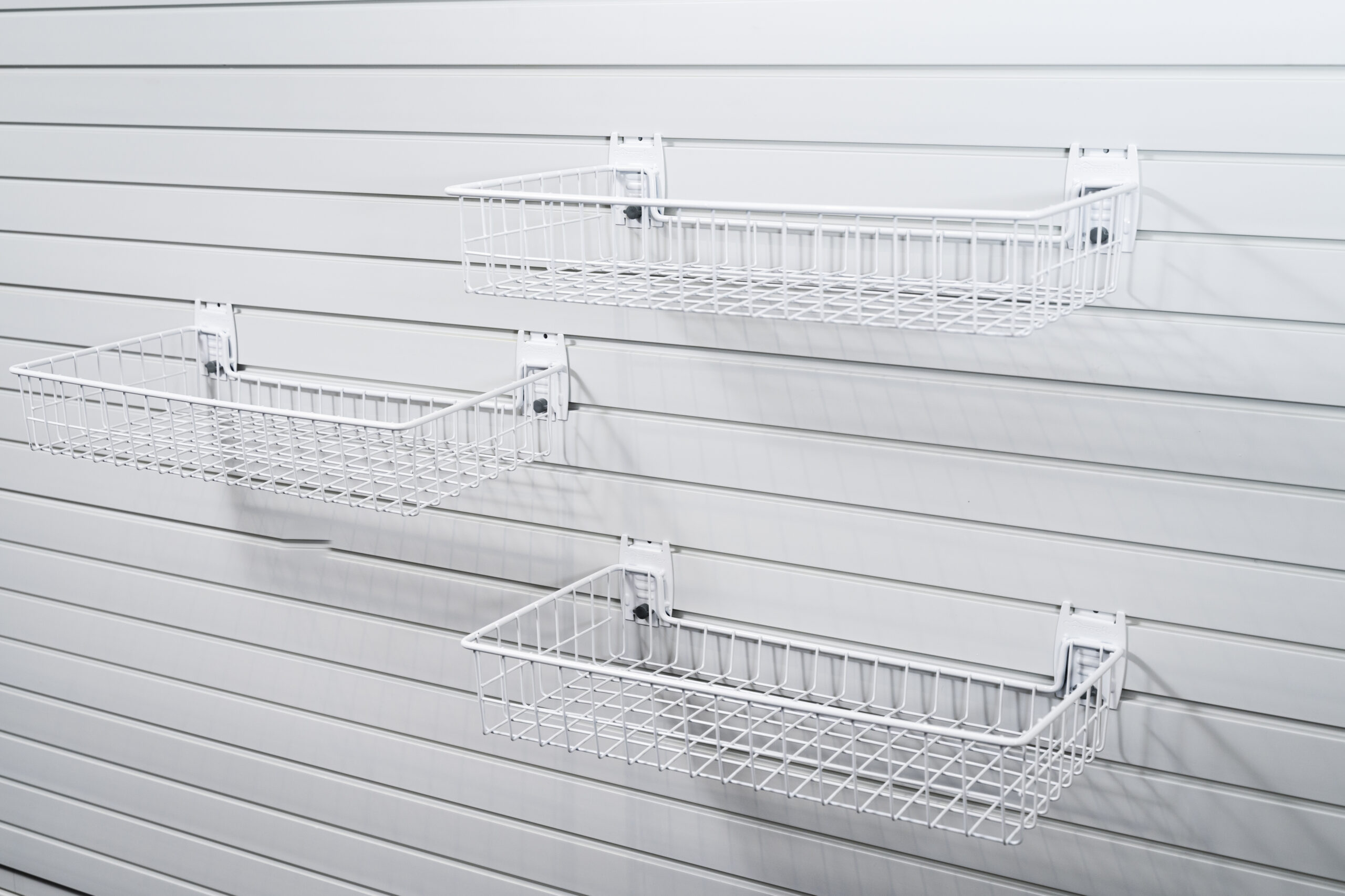 shallow basket set 3 pack attached to flexipanel slatwall